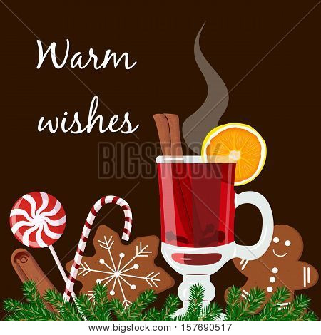 Warm wishes postcard. Mulled wine, gingerbread man, candy cane, lolly pop, fir tree twig, zest, nutmeg, star anise, sugar, cinnamon citrus cardamom ginger Black background