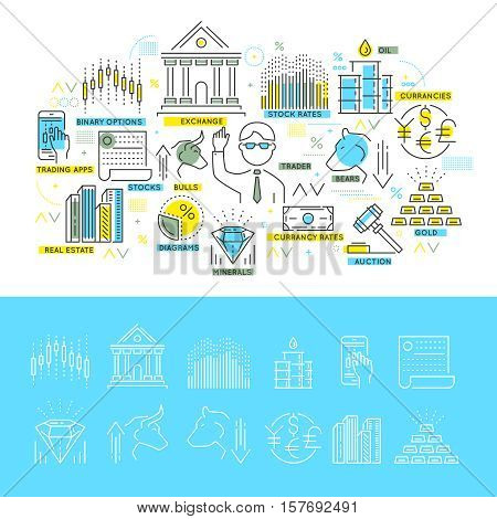 Stock exchange linear concept with trading composition and set of monochrome icons isolated vector illustration