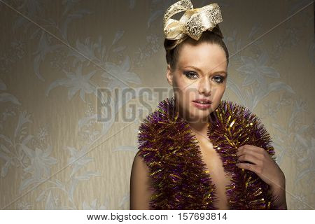 Woman With Tinsel And Ribbon