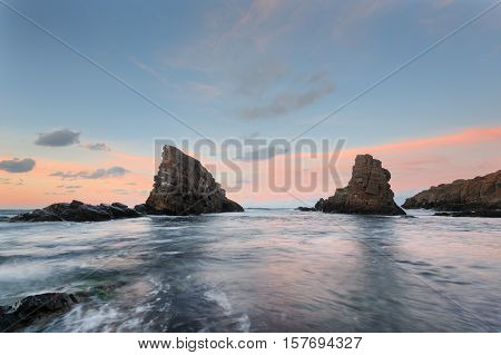 Magnificent sunset over the rock phenomenon The Ships, the village of Sinemorets, Bulgaria