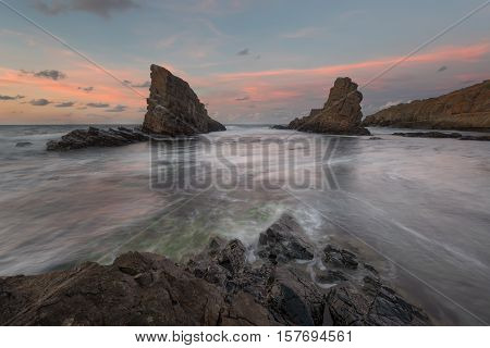 Magnificent sunset over the rock phenomenon The Ships, the village of Sinemorets, Bulgaria
