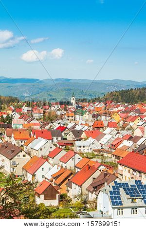 Panoramic view of Croatian town Delnice, Gorski Kotar in spring