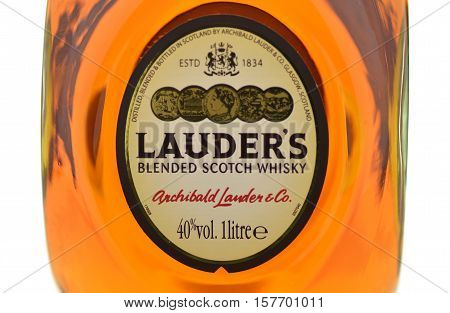 CIRCA NOVEMBER 2016 - GDANSK: Lauders blended scotch whisky isolated on white background. It is distilled blended and bottled in Scotland by Archibald Lauder and co in Glasgow that was established in 1834.