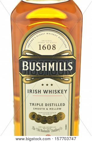 CIRCA NOVEMBER 2016 - GDANSK: Bushmills irish whiskey isolated on white background. The Old Bushmills Distillery is a distillery in Bushmills, County Antrim, Northern Ireland. It was founded in 1784.