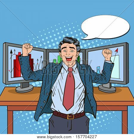 Pop Art Successful Businessman with Computers and Graphs of Growing Market Shares. Vector illustration
