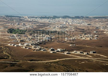 Aerial View over city Taqah Sultanate of Oman region Dhofar Salalah