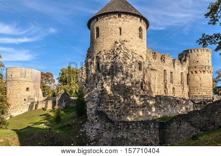 Watchtower and surrounding wall of castle ruins in Cesis town, Latvia