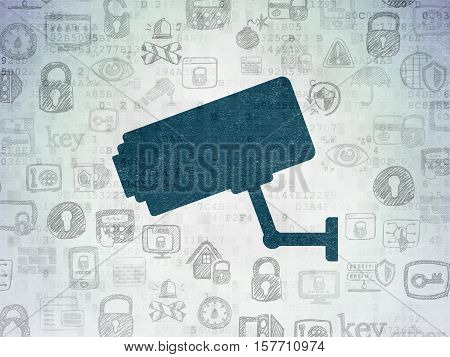 Security concept: Painted blue Cctv Camera icon on Digital Data Paper background with  Hand Drawn Security Icons