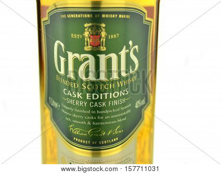 CIRCA NOVEMBER 2016 - GDANSK: Grants blended cask editions whiskey isolated on white background. Grants has been produced by William Grant and sons in Scotland since 1887