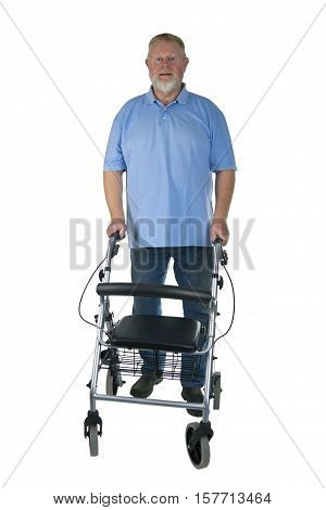 Male Senior with rollator isolated on white background