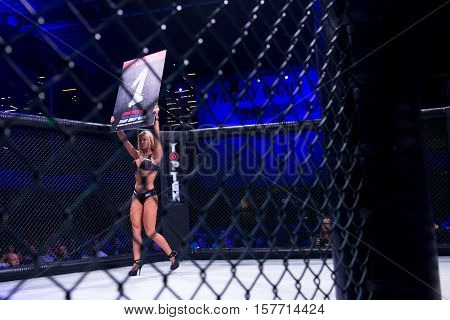 NOVI SAD SERBIA - NOVEMBER 05 2016 : MMA - SBC FIGHT TURNAMENT. GIRL IN THE RING ANNOUNCES FIRST ROUND EXTREME SPORT. FIGHT NIGHT PROFESIONAL ATHLETES.