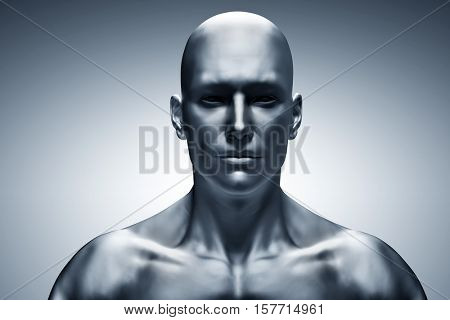Generic human man face, front view. Futuristic mood, concepts of virtual reality etc. 3D rendering