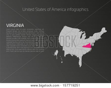 United States of America, aka USA or US, map infographics template. 3D perspective dark theme with pink highlighted Virginia, state name and text area on the left side.
