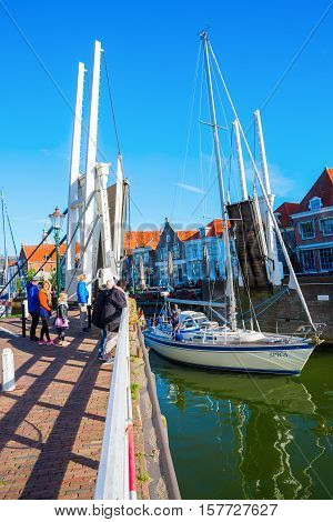 Sailboat Under Bascule Bridge In Enkhuizen, Netherlands