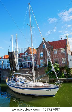 Sailboat Under Bascule Bridge In Enkhuizen, Netherlands