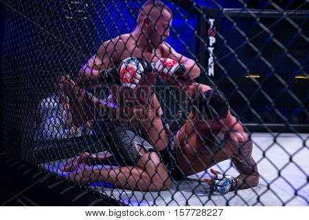 NOVI SAD SERBIA - NOVEMBER 05 2016 : MMA - SBC FIGHT TURNAMENT. ATHLETES IN THE RING EXTREME SPORT. FIGHT NIGHT PROFESIONAL ATHLETESSELECTIVE FOCUS WITH SHALLOW DEPTH OF FIELD NOVEMBER 05 2016 NOVI SAD SERBIA
