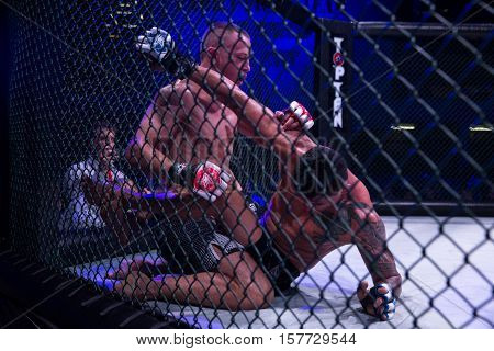 NOVI SAD SERBIA - NOVEMBER 05 2016 : MMA - SBC FIGHT TURNAMENT. ATHLETES IN THE RING EXTREME SPORT. FIGHT NIGHT PROFESIONAL ATHLETESSELECTIVE FOCUS WITH SHALLOW DEPTH OF FIELD NOVEMBER 05 2016 NOVI SAD SERBIA