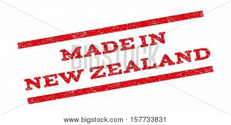 Made In New Zealand watermark stamp. Text caption between parallel lines with grunge design style. Rubber seal stamp with dust texture. Vector red color ink imprint on a white background.