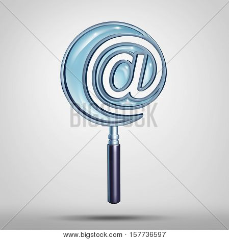 Email and internet search technology concept as a magnifying glass shaped as an e-mail symbol or at sign icon as a cyber and website address metaphor as a 3D illustration.