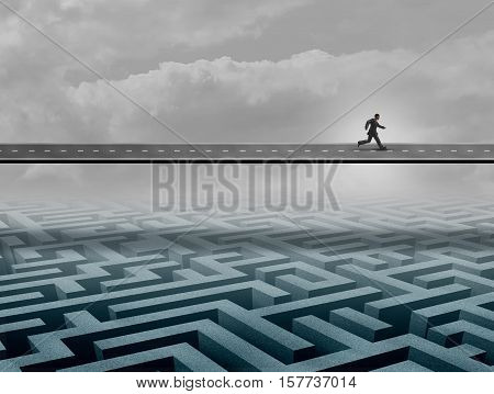 Businessman success road concept as a person running on a path over a complicated maze or labyrinth as a business solution metaphor with 3D illustration elements.