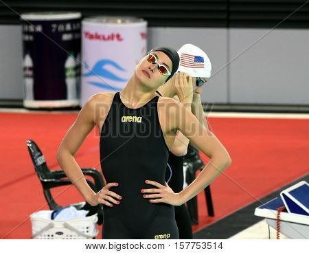 Hong Kong China - Oct 29 2016. Hungarian swimmer Zsuzsanna Jakabos at the start. FINA Swimming World Cup Preliminary Heats Victoria Park Swimming Pool.