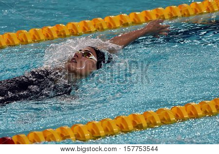 Hong Kong China - Oct 29 2016. Hungarian swimmer Zsuzsanna Jakabos swimming backstroke. FINA Swimming World Cup Preliminary Heats Victoria Park Swimming Pool.