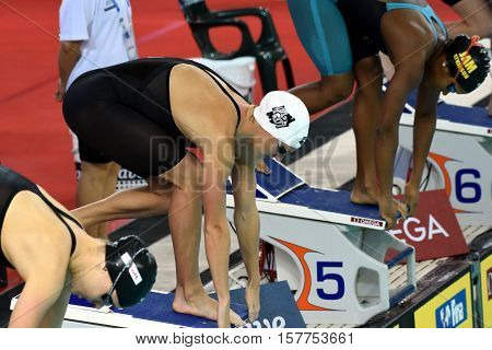 Hong Kong China - Oct 29 2016. Olympic world and European champion swimmer Katinka Hosszu from Hungary at the start. FINA Swimming World Cup Preliminary Heats Victoria Park Swimming Pool.