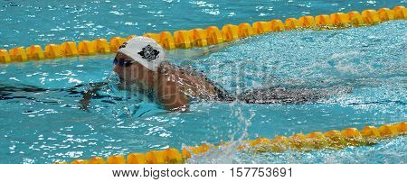 Hong Kong China - Oct 29 2016. Hungarian Olympic world and European champion swimmer Katinka Hosszu swimming breaststroke. FINA Swimming World Cup Preliminary Heats Victoria Park Swimming Pool.