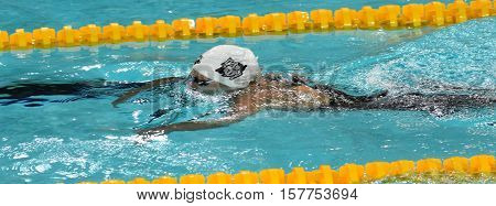 Hong Kong China - Oct 29 2016. Hungarian Olympic world and European champion swimmer Katinka Hosszu swimming breaststroke. FINA Swimming World Cup Preliminary Heats Victoria Park Swimming Pool.