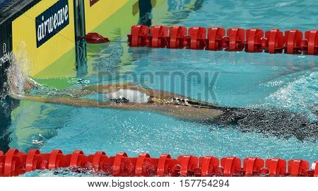 Hong Kong China - Oct 29 2016. Hungarian Olympic world and European champion swimmer Katinka Hosszu touching the wall. FINA Swimming World Cup Preliminary Heats Victoria Park Swimming Pool.