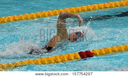 Hong Kong China - Oct 29 2016. Hungarian Olympic world and European champion swimmer Katinka Hosszu swimming freestyle. FINA Swimming World Cup Preliminary Heats Victoria Park Swimming Pool.