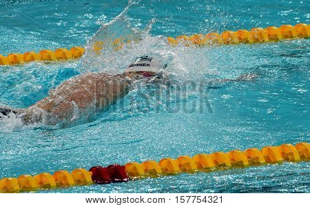 Hong Kong China - Oct 29 2016. Olympian and World Youth gold medalist Peter Bernek from Hungary swimming freestyle. FINA Swimming World Cup Preliminary Heats Victoria Park Swimming Pool.