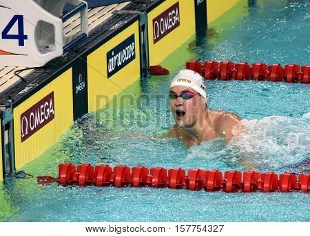 Hong Kong China - Oct 29 2016. Olympian and World Youth gold medalist Peter Bernek from Hungary in the finish. FINA Swimming World Cup Preliminary Heats Victoria Park Swimming Pool.