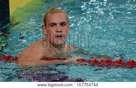 Hong Kong China - Oct 29 2016. Olympian and World Youth gold medalist Peter Bernek from Hungary in the finish. FINA Swimming World Cup Preliminary Heats Victoria Park Swimming Pool.