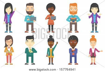 Young businessman working on a loptop. Confident businessman standing with a laptop in hands. Smiling businessman using a loptop. Set of vector flat design illustrations isolated on white background.