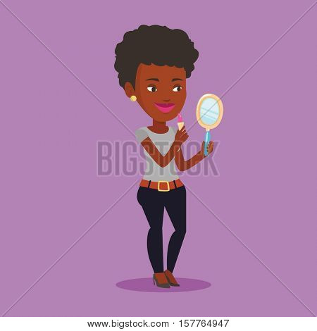 African-american woman doing makeup and looking in hand-mirror. Woman rouge lips with lipstick. Young woman paints her lips. Woman applying lips makeup. Vector flat design illustration. Square layout