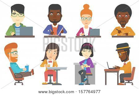 Young happy office worker working on laptop. Office worker sitting at the table and using laptop. Cheerful office worker at work. Set of vector flat design illustrations isolated on white background.