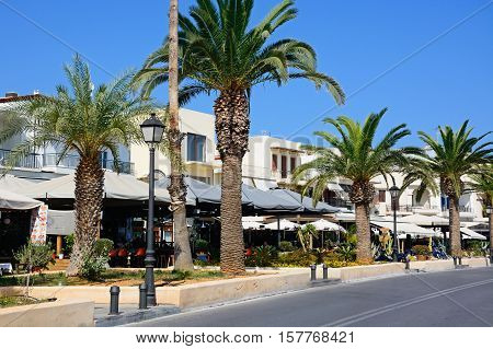 RETHYMNO, CRETE - SEPTEMBER 15, 2016 - Pavement cafes along the Eleytheriou Venizelou promenade Rethymno Crete Greece Europe, September 15, 2016.