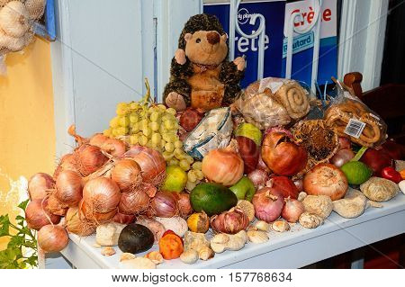 RETHYMNO, CRETE - SEPTEMBER 15, 2016 - Fruit and vegetables displayed outside a restaurant Rethymno Crete Greece Europe, September 15, 2016.