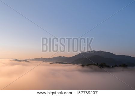 Beautiful sunrise view and sea of clouds from Phuhuayesan in Nong khai provience, Thailand.