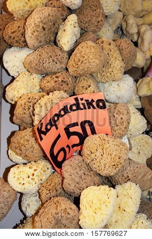 Natural sponges for sale in the old town Rethymno Crete Greece Europe.