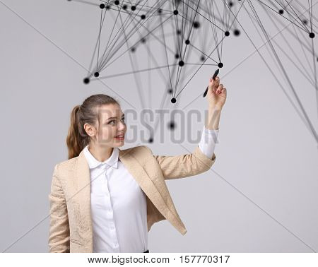 Worldwide network or wireless internet connection futuristic concept. Woman working with linked dots.