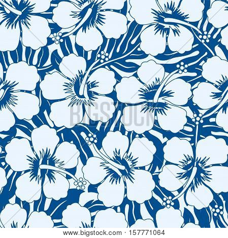 Graphic navy and white tropical flowers seamless pattern .