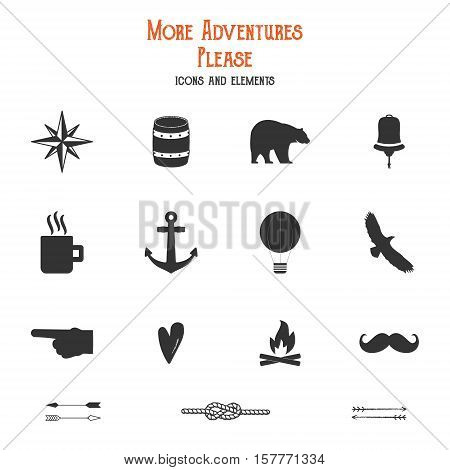Outdoor icons and elements set for creation hiking, camping logo and other designs. Solid flat s isolated. Travel symbols gear. Hipster adventure filled elements. Create own badge, insignias.