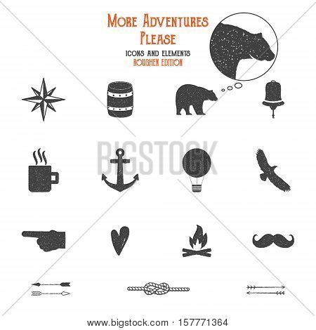Outdoor icons and elements set for creation hiking, camping logo other designs. Solid flat s isolated. Travel symbols gear. Hipster adventure filled. Create own badge, insignias. Grunge edition