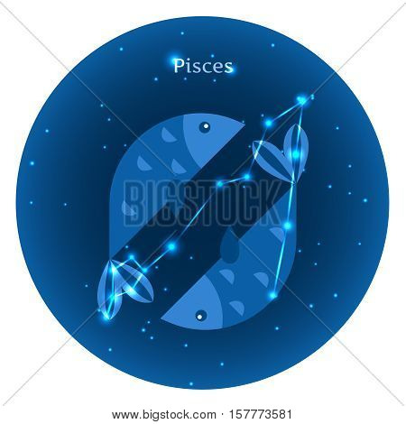 Stylized icons of zodiac signs in the night sky with zodiac bright stars constellation in front. Astrology symbol. Pisces zodiac sign.
