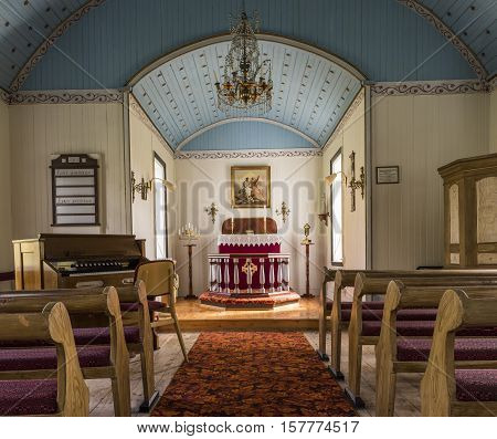 Varmahlid Iceland - July 4 2016: Interior of Church with organ and benches near Varmahlid on Iceland.