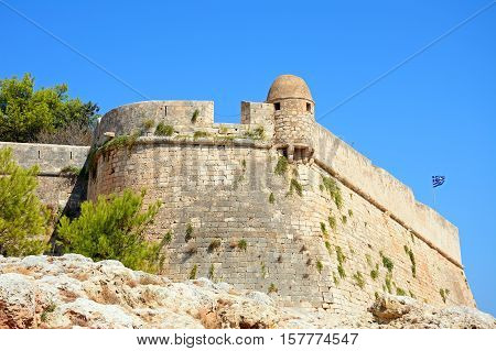 View of the Venetian castle walls Rethymno Crete Greece Europe.