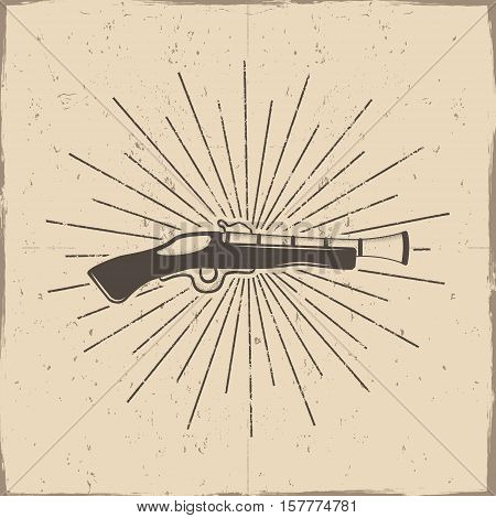 Vintage pistol label, poster. Old ammunition with grunge effects and sun bursts. Retro hand made style isolated on a scratched paper background. . For tee design, t-shirt, web projects