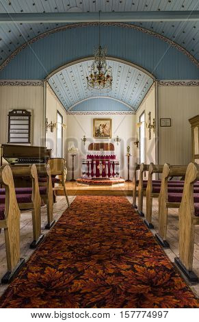 Varmahlid Iceland - July 4 2016: Interior of Church with organ and benches near Varmahlid on Iceland.